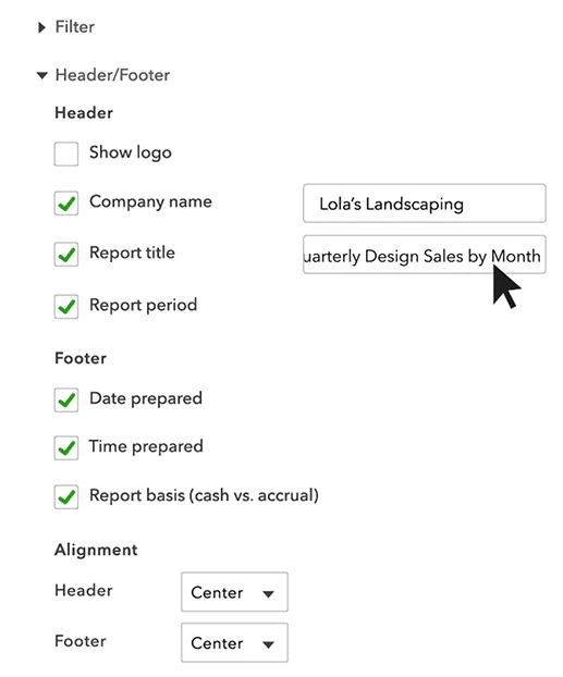 Quickbooks Custom Reports Header/Footer Section